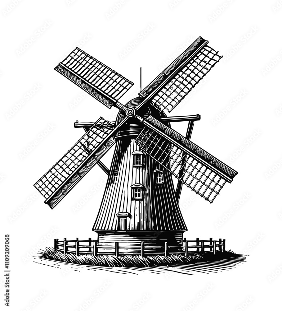 Obraz premium windmill engraving black and white outline