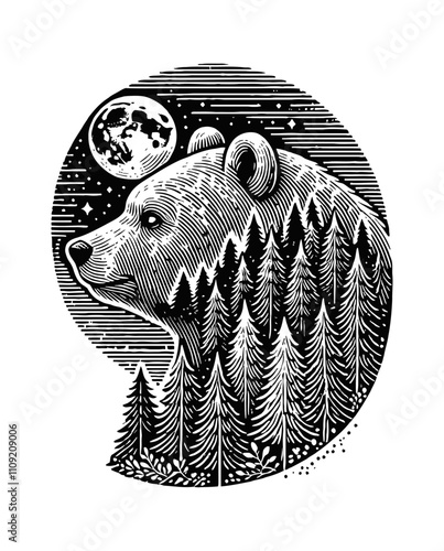 bear double exposure silhouette forest tree engraving black and white outline