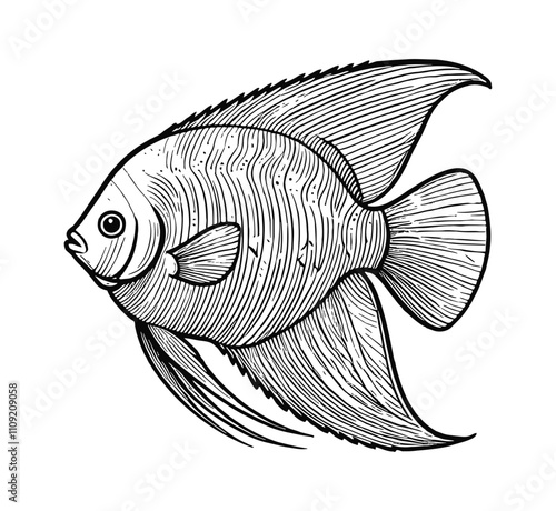 angelfish engraving black and white outline