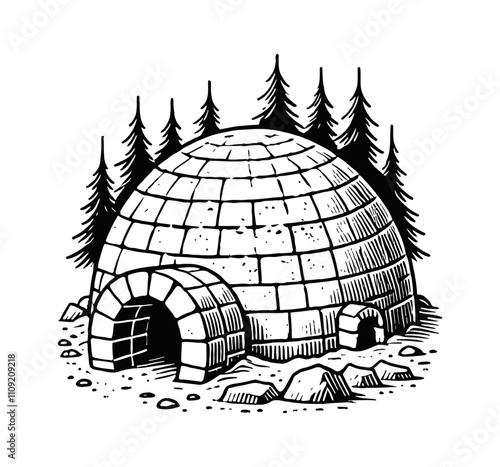 igloo engraving black and white outline