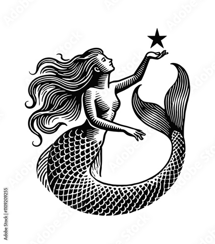 mermaid with star in hand engraving black and white outline