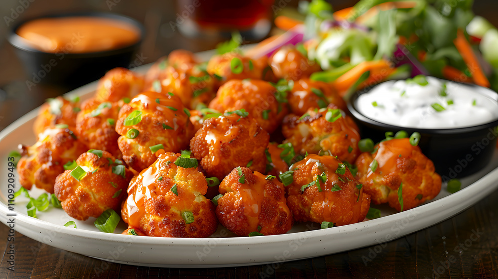 Crispy Cauliflower Bites with Spicy Sauce and Fresh Vegetables Crispy Cauliflower Bites with Spicy Sauce and Fresh Vegetables