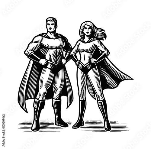 man and woman superhero engraving black and white outline
