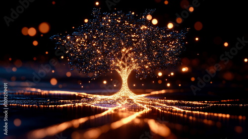 A digital tree with glowing branches and roots, symbolizing hierarchical data systems