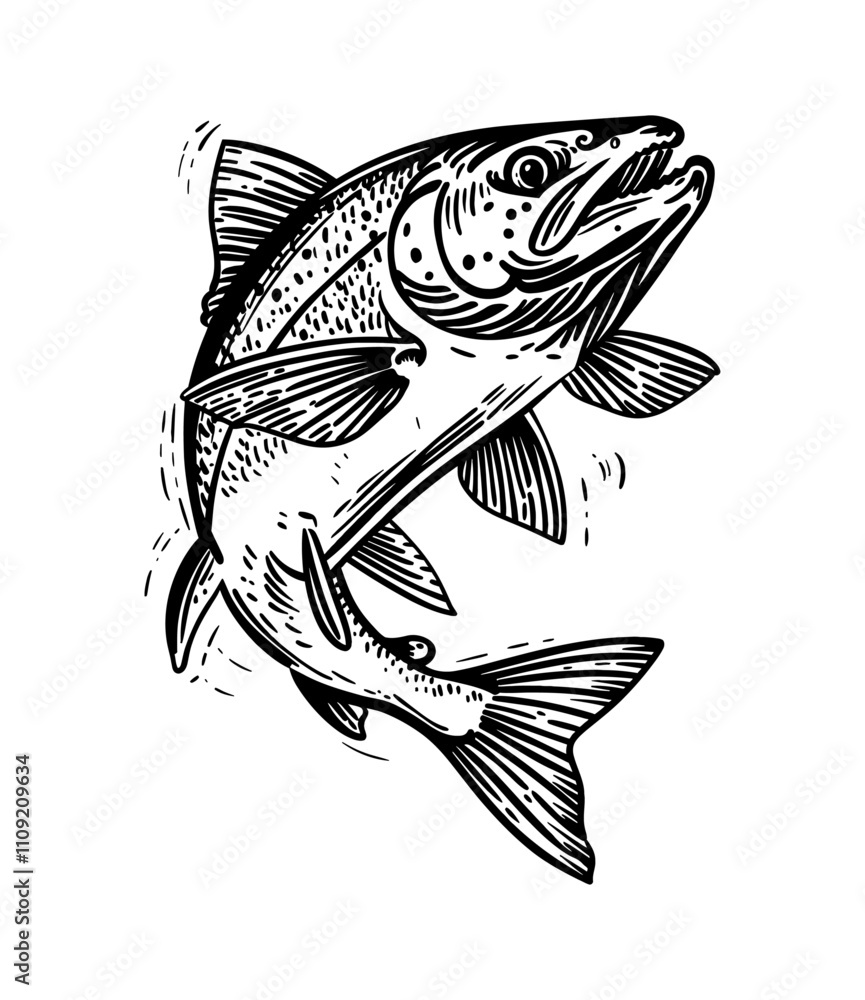 Fototapeta premium rainbow trout fish engraving black and white outline