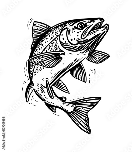 rainbow trout fish engraving black and white outline