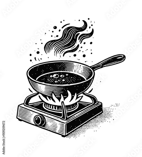 frying pan and stove with steam engraving black and white outline