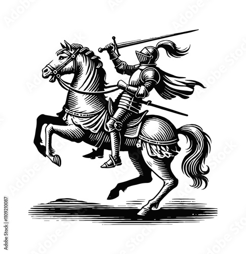 medieval knight on a rearing horse engraving black and white outline