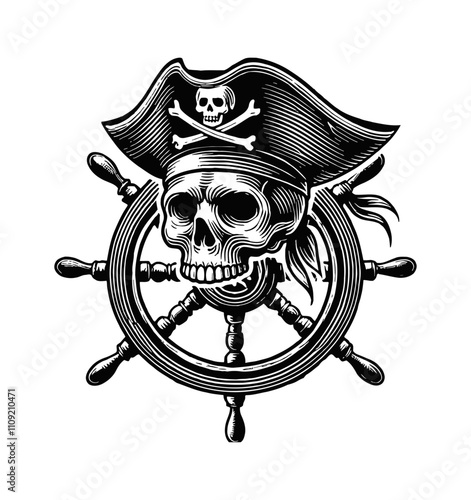 skull pirate hat engraving black and white outline