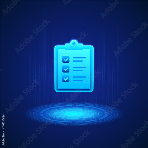 Glowing blue clipboard with three checkmarks and lines representing text hovers above a digital platform. This illustration symbolizes organization, task management, and productivity.