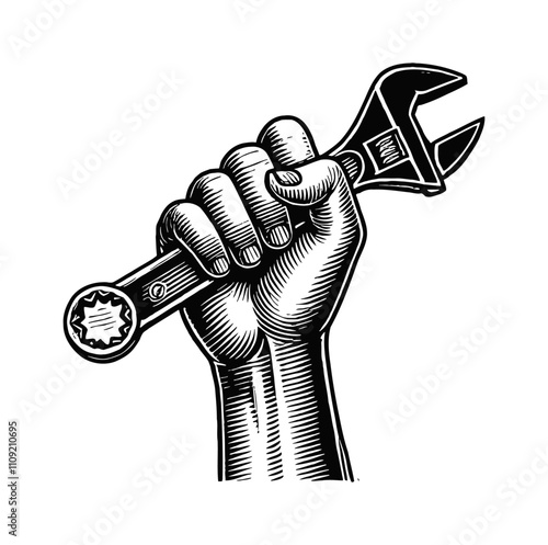 hand holding wrench engraving black and white outline