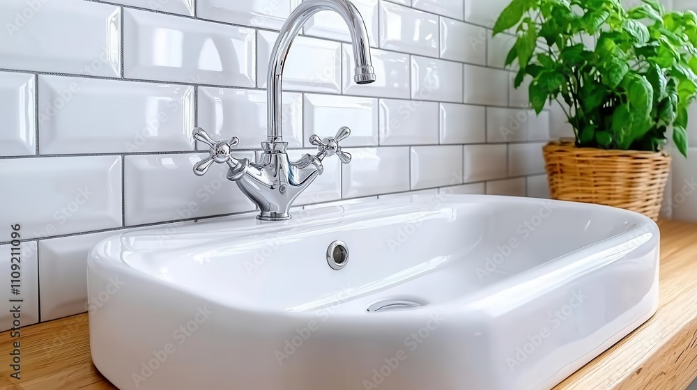 Modern sink with stylish faucet against a clean tiled background and green plant. Modern sink with stylish faucet against a clean tiled background and green plant.