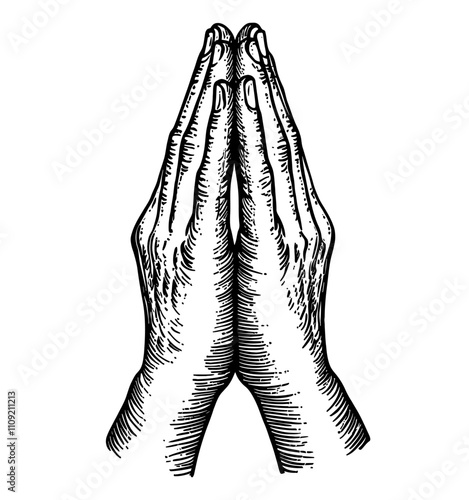 hand pray gesture engraving black and white outline