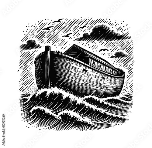 wooden ark floating on the water during a heavy storm engraving black and white outline