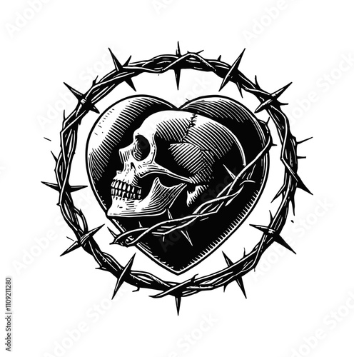skull love thorny branches engraving black and white outline