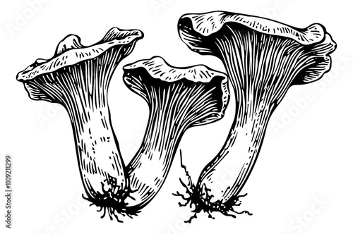 mushroom chanterelles engraving black and white outline