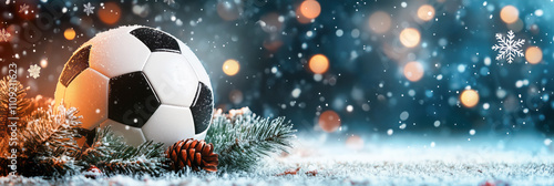 Soccer ball, Sports Christmas Card with fir branches and festive decoration.