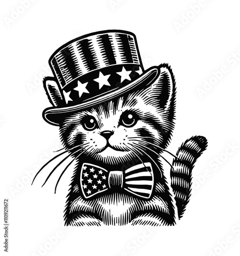 cat top hat american flag engraving black and white outline