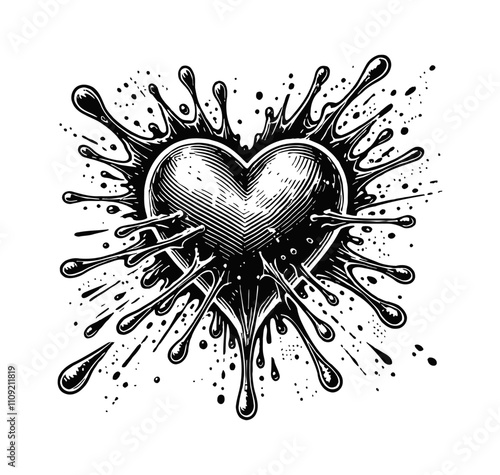 love splat paint engraving black and white outline