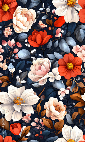 Floral flowers and beautiful colorful leaves wallpaper seamless pattern for interior decoration or background.