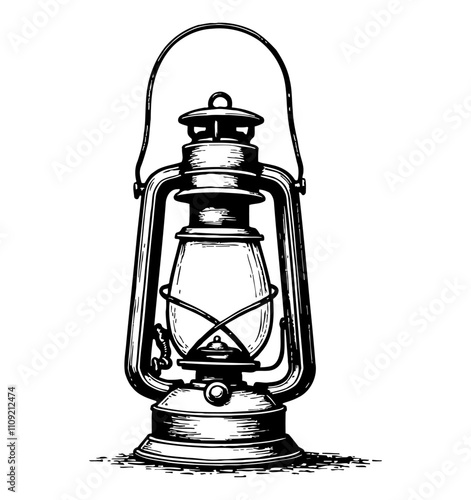 retro lamp engraving black and white outline