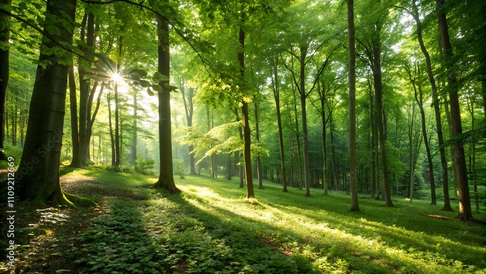 Fototapeta premium Lush green forest with sunlight filtering through