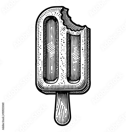 bitten popsicle engraving black and white outline