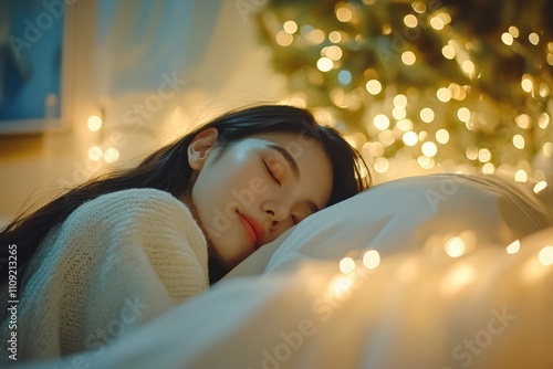 Woman Sleeping in Cozy Minimalist Bedroom, Soft Morning Sunlight, Calm and Peaceful
 photo