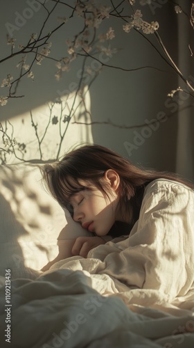 Woman Sleeping in Cozy Minimalist Bedroom, Soft Morning Sunlight, Calm and Peaceful
 photo