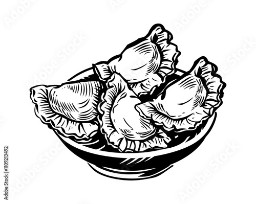 gyoza dumpling engraving black and white outline