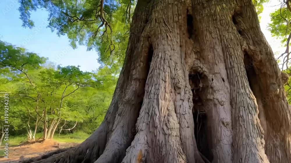 A sunny day with a tree featuring rough bark, long branches, and green leaves, as a human hand gently touches the tree A sunny day with a tree featuring rough bark, long branches, and green leaves, as a human hand gently touches the tree