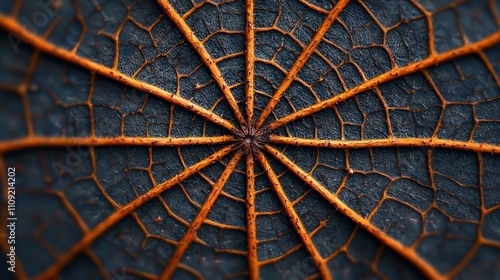 Close-up of a dried leaf's intricate vein structure, radiating from the center. photo