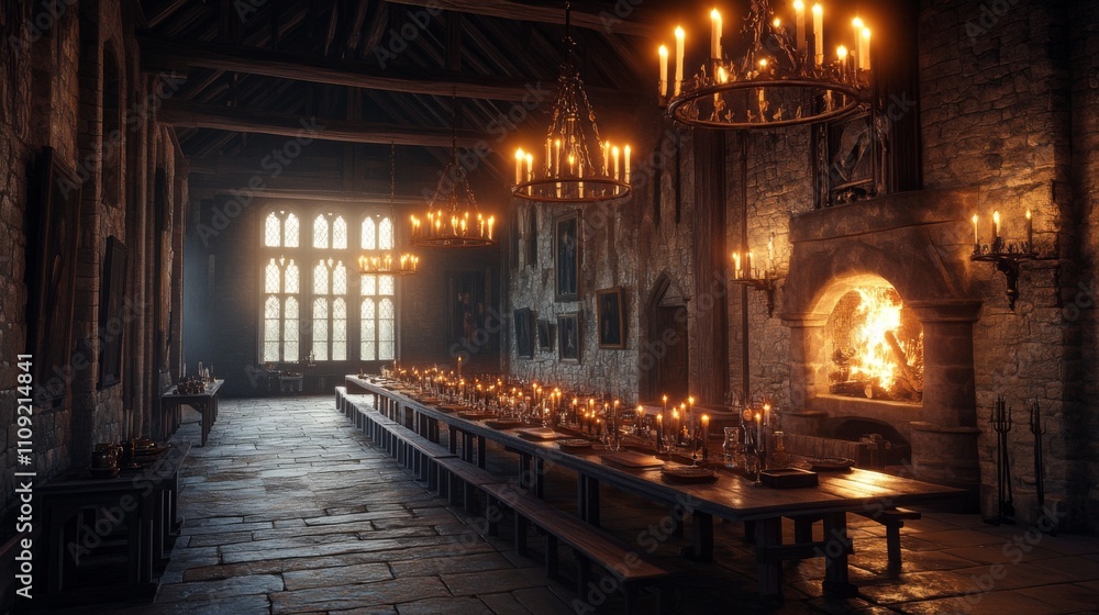 Fototapeta premium A grand medieval dining hall illuminated by glowing candles. A long table set for a feast awaits guests. The ambiance is warm and inviting. Generative AI