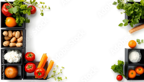 Wallpaper Mural Frame of healthy food in black boxes with blank space on white with a white accent, png Torontodigital.ca