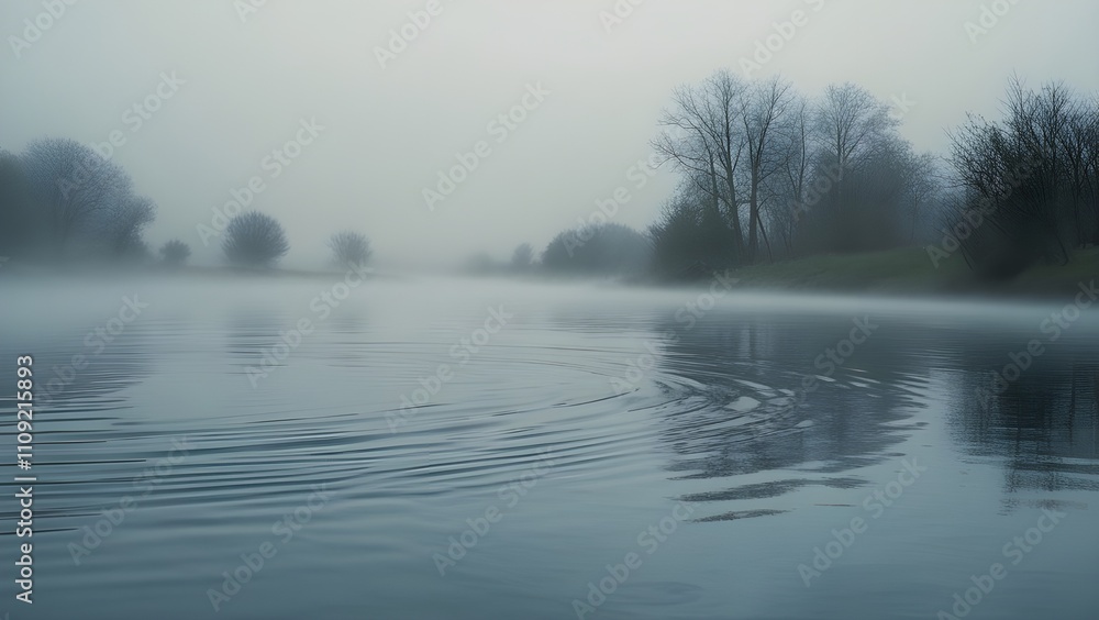 Serene Landscape with Flowing Water, Soft Ripples, and Light Fog Evoking Unity and Calm Serene Landscape with Flowing Water, Soft Ripples, and Light Fog Evoking Unity and Calm