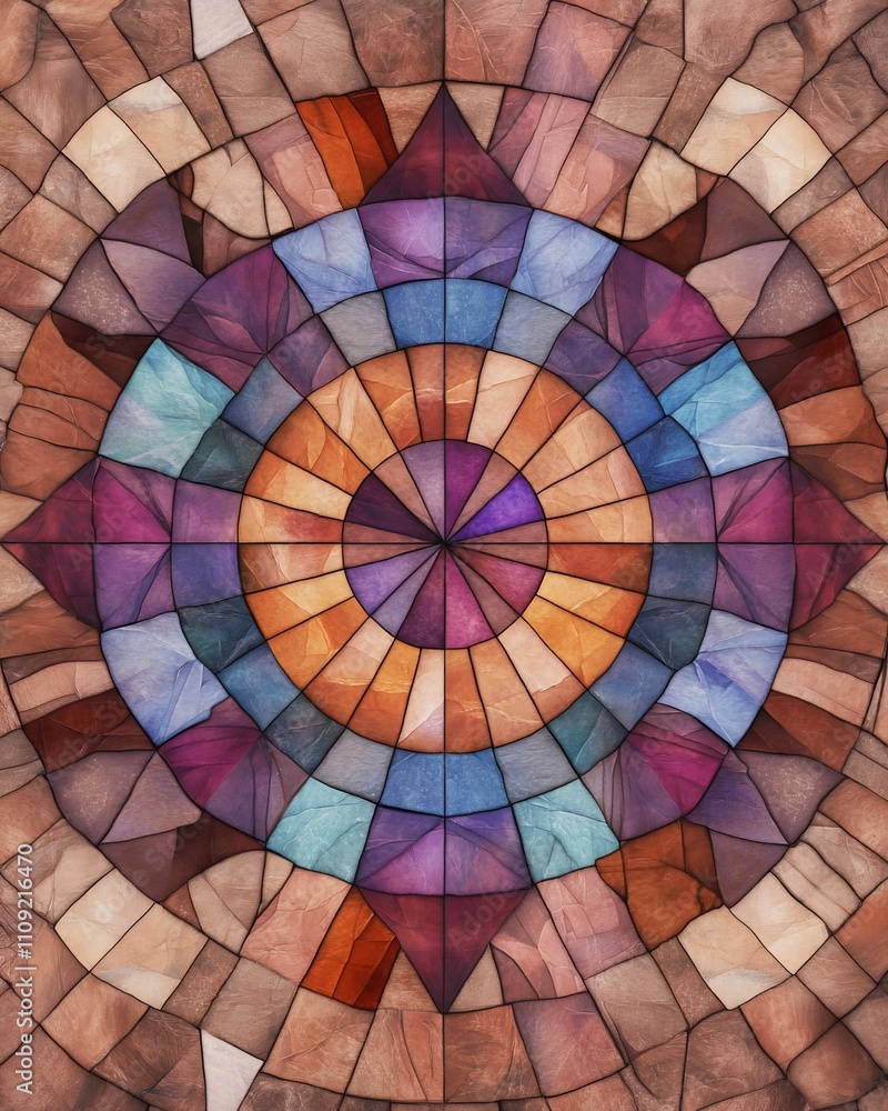 Fototapeta premium Abstract circular mosaic pattern in warm earth tones and jewel tones.