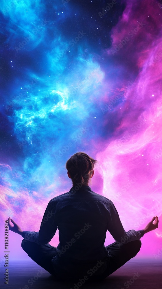 Woman meditating, facing vibrant nebula. Woman meditating, facing vibrant nebula.