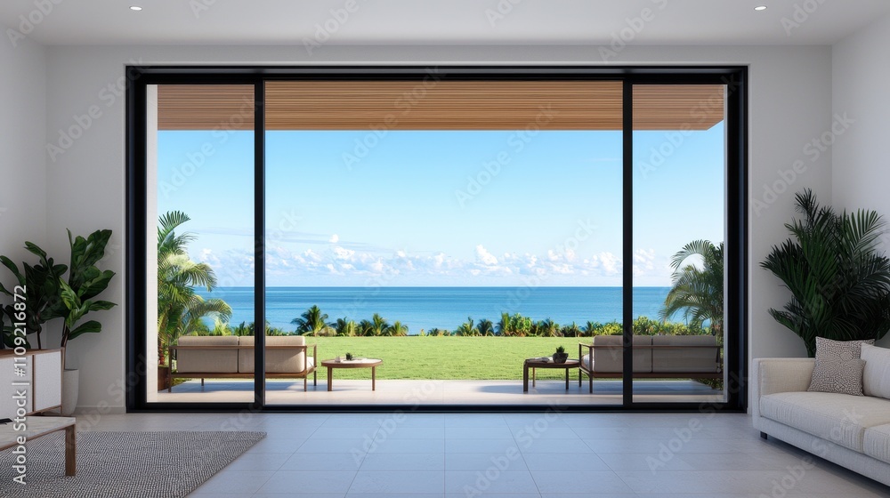 Fototapeta premium Modern Living Room with Ocean View Through Large Glass Sliding Doors