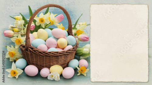 Festive basket with colorful Easter eggs surrounded by daffodils and tulips. Spring card on vintage blurred nature background for Easter celebration and spring themed decorations photo