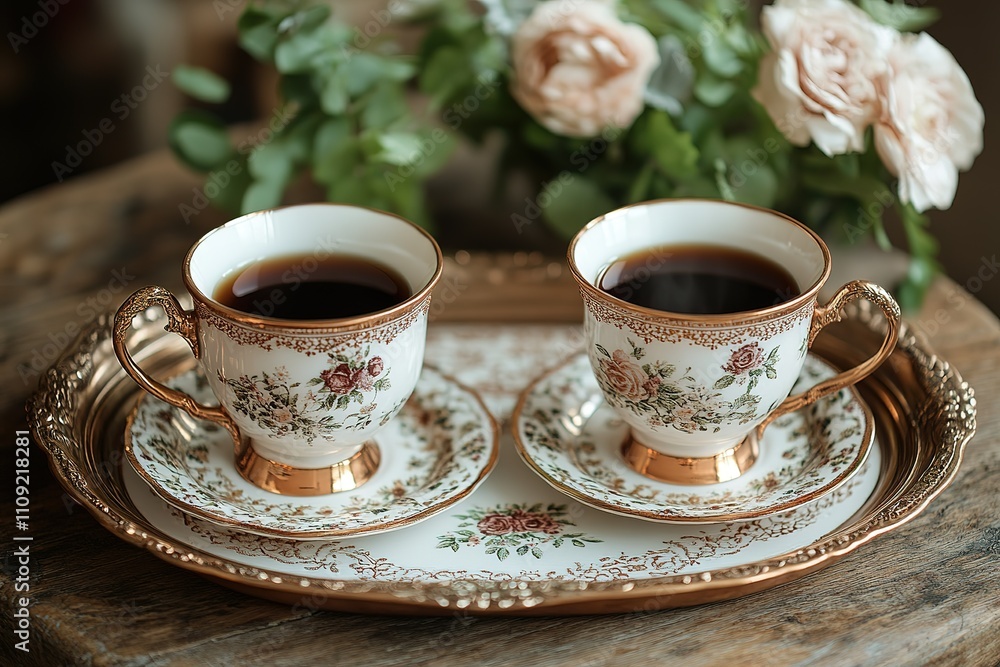 Fototapeta premium Two cups of coffee on a tray with a floral design
