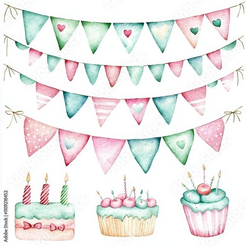 Soft Pastel Birthday Banners and Garlands with Candles  Cakes  and Confetti in Watercolor Style
