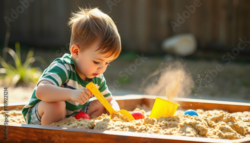 Young Boy Playing in Sandpit with Toys, Digging with Yellow Shovel with a white accent, png photo