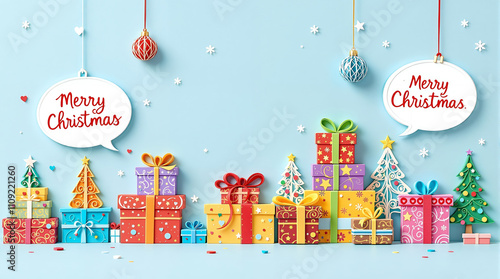 Christmas gift card and invitation set with lettering. website banner, template, postcard Collection color postcards with christmas tree, decoration, snowman, various xmas elements and decorations