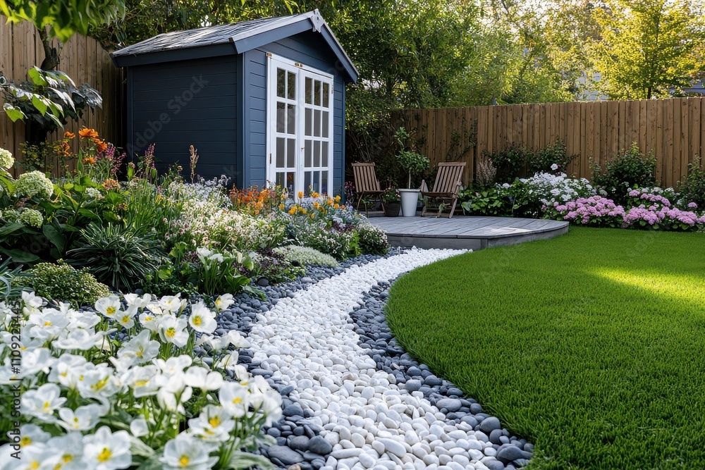 Modern garden with wooden fence, granite tiles, and greenery, sunny day photograph Modern garden with wooden fence, granite tiles, and greenery, sunny day photograph