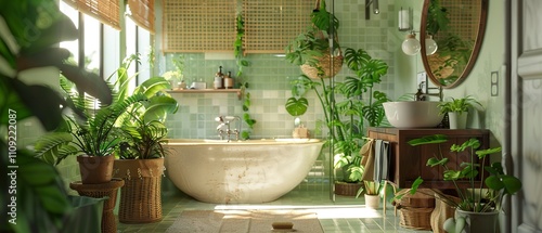 Bohemian Bathroom Decor: Rattan Furniture and Lush Greenery photo