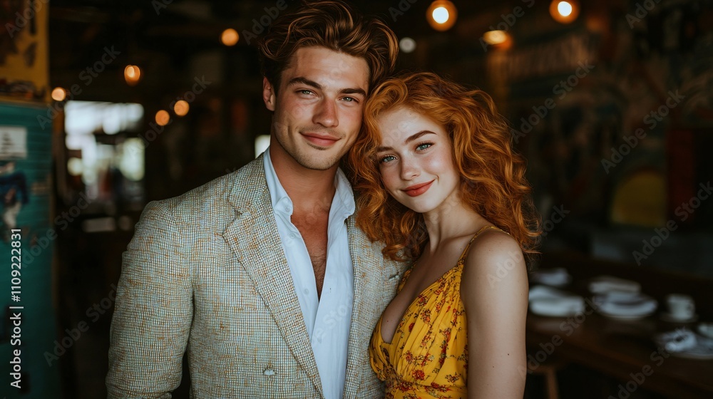 Handsome man and woman pose together in a cozy restaurant with warm lighting Handsome man and woman pose together in a cozy restaurant with warm lighting