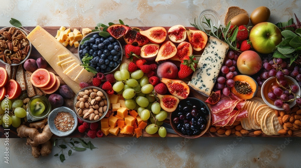 A colorful spread of fresh fruits, cheeses, nuts, and garnishes arranged on a wooden board, perfect for a vibrant charcuterie display. A colorful spread of fresh fruits, cheeses, nuts, and garnishes arranged on a wooden board, perfect for a vibrant charcuterie display.