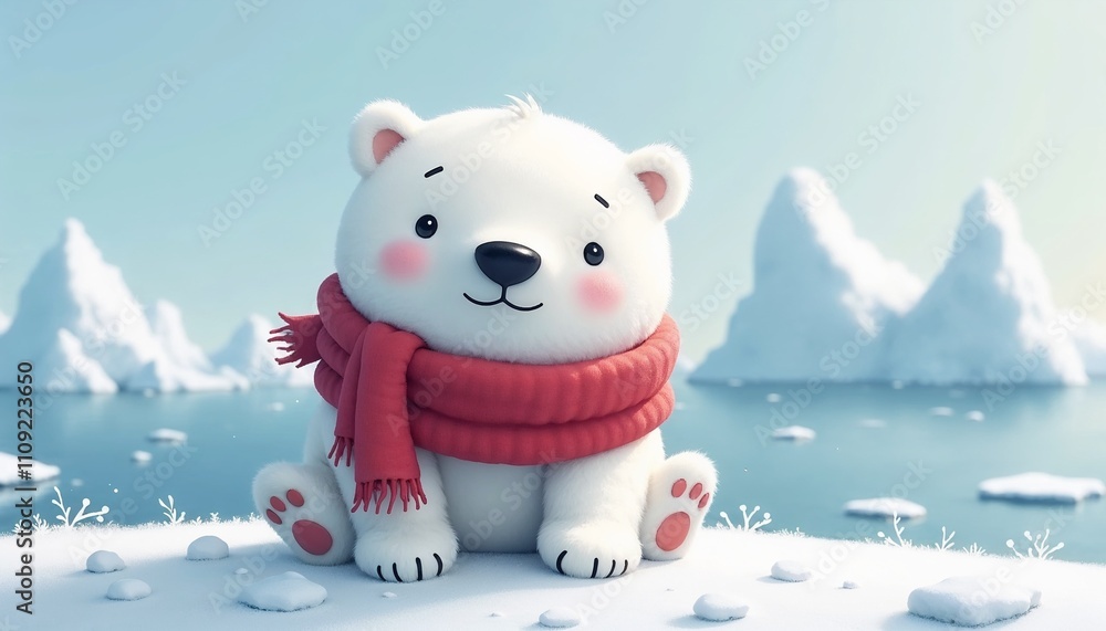 Fototapeta premium Adorable polar bear in scarf with Arctic backdrop
