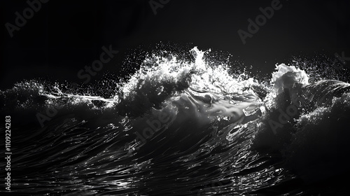 A black and white photo of a wave crashing on a beach