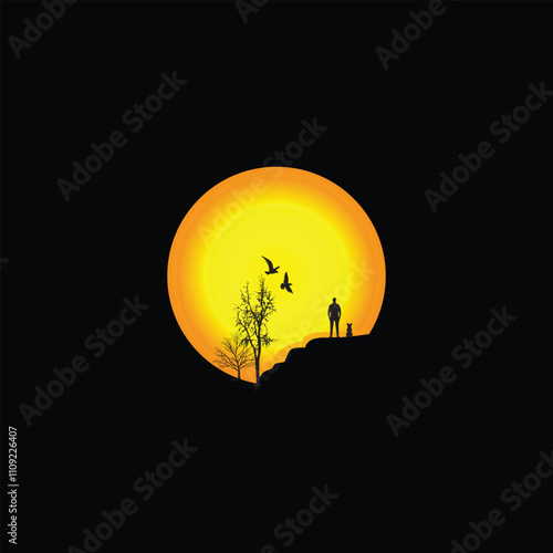 silhouette of a man with his pet dog in the background of a mountain